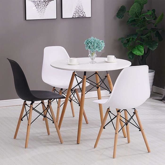 Table à manger - Pieds en bois style scandinave - Plateau en MDF blanc - 4 places - Hauteur 71 cm