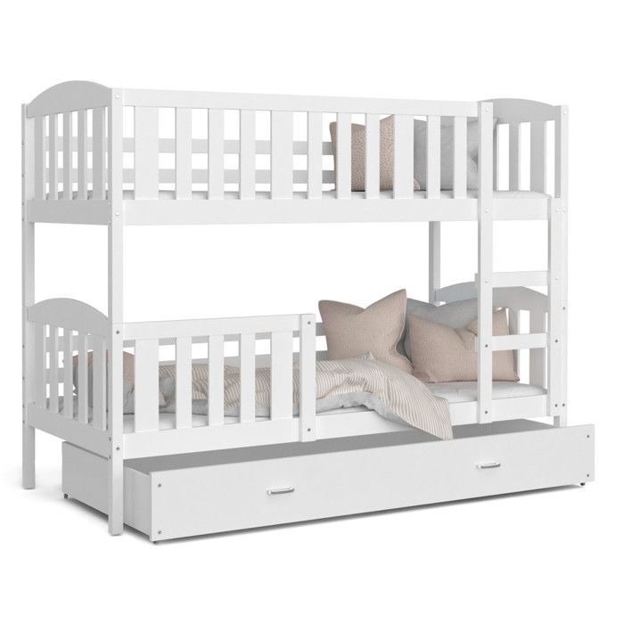 Lit superposé LUNA 90X190 cm - 2 Matelas 2 Sommiers et Tiroir inclus Blanc