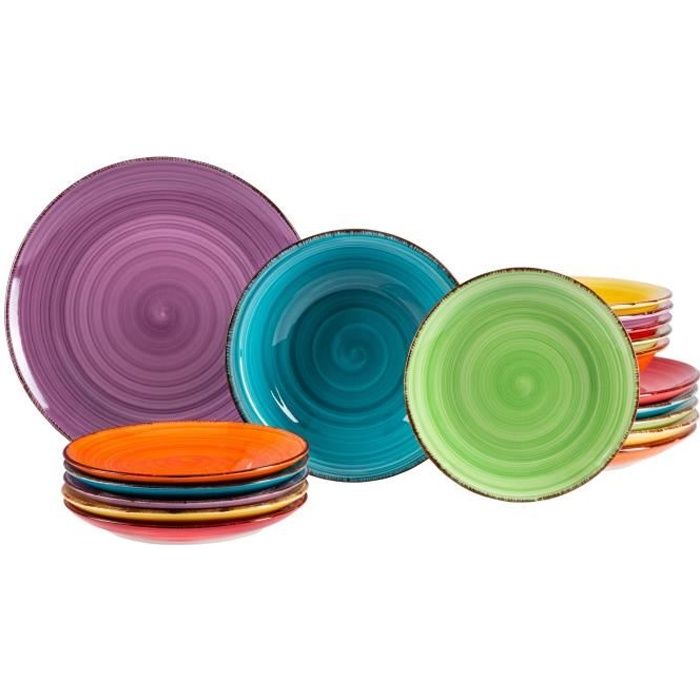 18 pièces Assiette plate Uni Coloré pour 6 personnes: assiette + assiette creuse 750 ml + petites assiettes à gâteaux en faïence