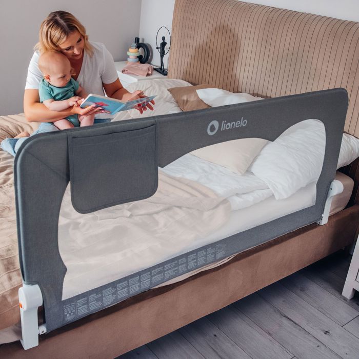 Barrière de lit bébé LIONELO Hanna - 150x65cm - Pliable - Protection anti-chute - Filet aéré - Gris