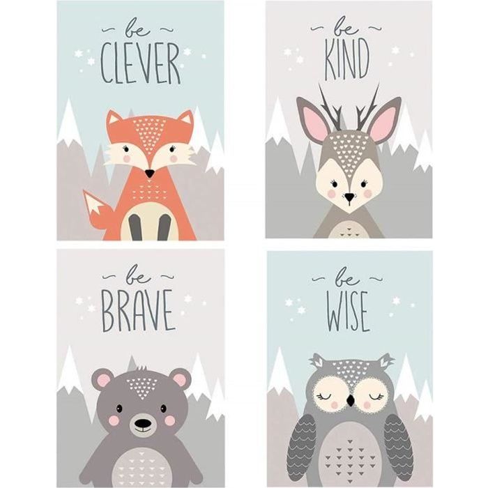 Set De 4 Posters Pour Chambre De Bebe Ou D Enfant Sans Cadre Pour Fille Garcon Poster Animal Impression x30cm 7 87x11 81 Cdiscount Maison