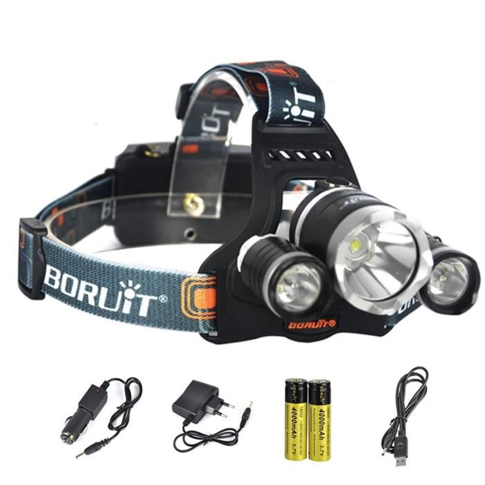 BORUiT RJ-5000 XM-L2 + 2 * R2 LED phare 8000LM 4-Mode étanche phare Rechargeable 18650 batterie externe tête
