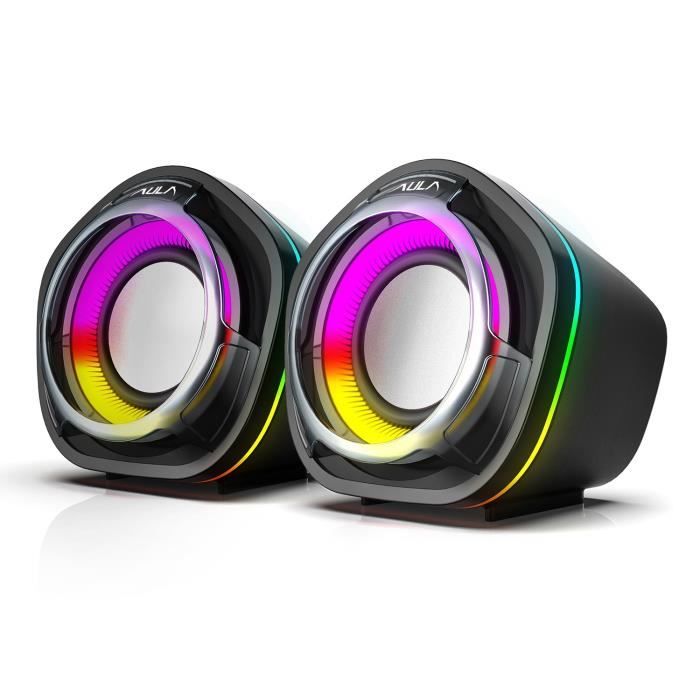 AULA N-107 Haut-parleurs de PC stéréo avec retroéclairage RGB - Prise jack 3,5mm - Puissance 2 x 3W - Alimentation par USB Noir