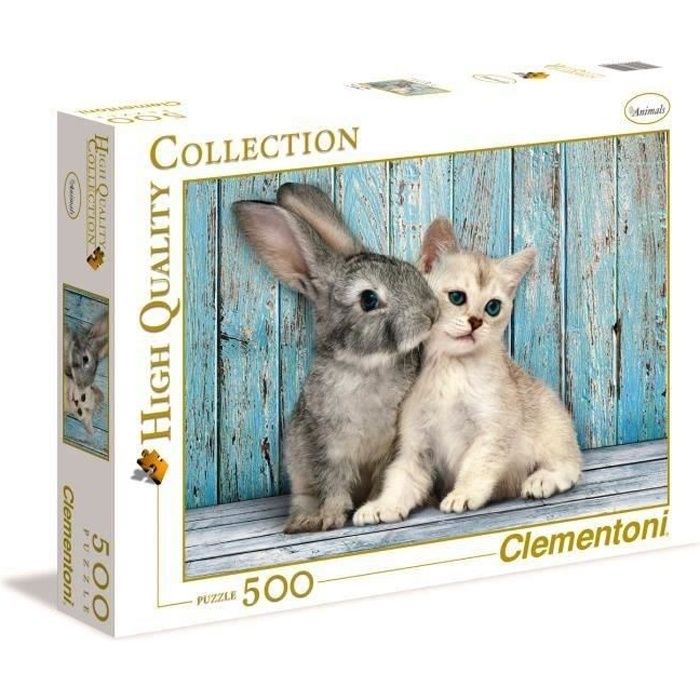 Puzzle Animaux - Clementoni - 500 pièces - Cat & Bunny - Blanc, Bleu et Gris - 16 ans et plus