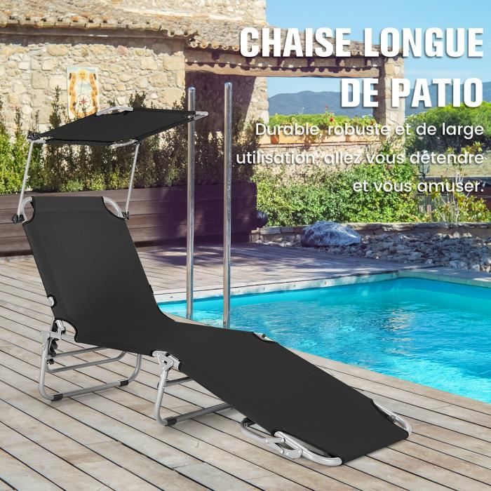 costway chaise longue pliante inclinable à 5 positions avec auvent rotatif à 360°, pour camping terrasse, charge max 150 kg, noir