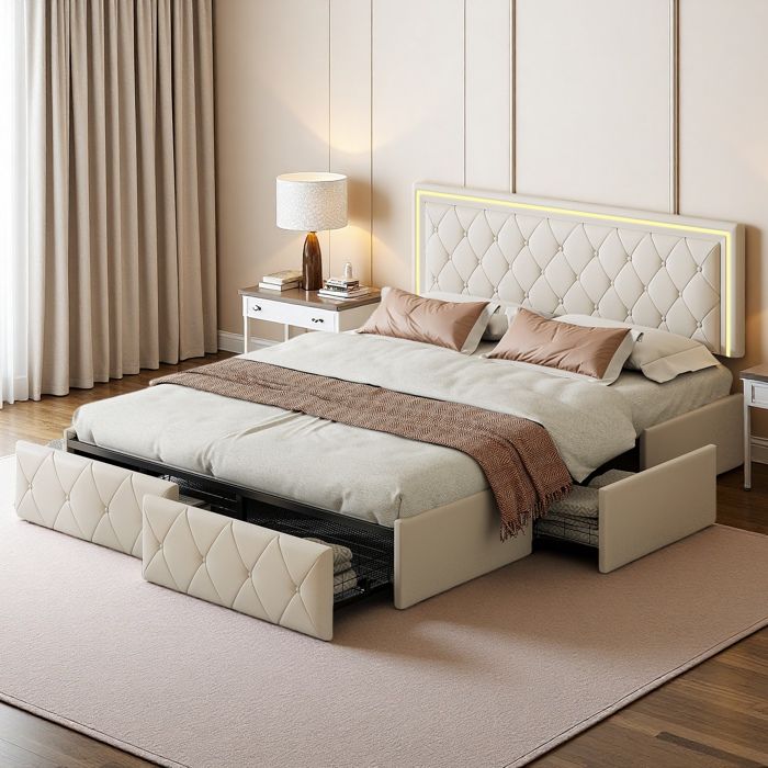Lit 160x200 cm Rembourré PU Lit Double Adulte avec 4 Tirois Tête de LIT LED et Sommier à lattes Blanc
