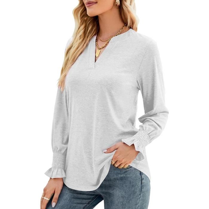 T-Shirt Manches Longues pour Femme Automne T-Shirt Col en V Top Chic et  Élégant Tunique Décontracté Haut Blanc