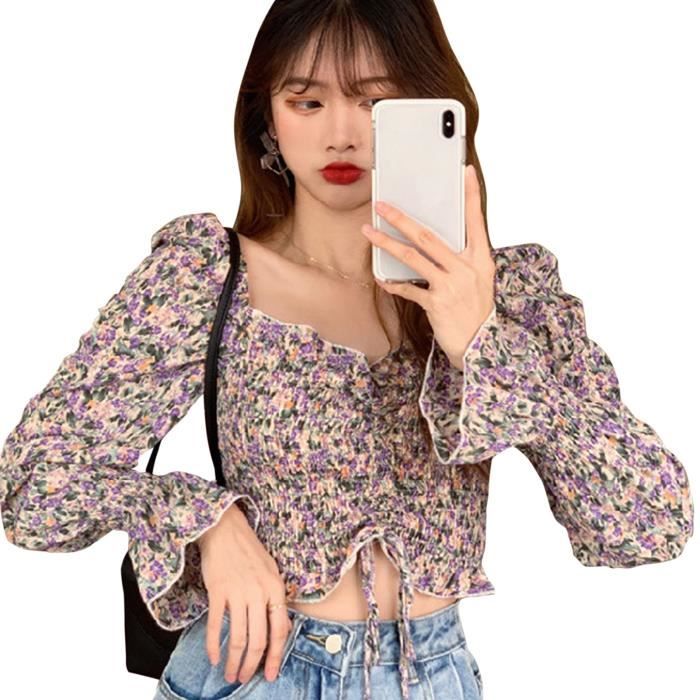 Chemisier Crop Top Floral Como Vintage - Bretelles Spaghetti - Taille L - Noir