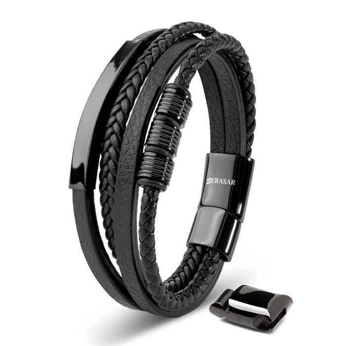 Bracelet en Cuir pour Homme SERASAR B042-20 Noir  Bracelet élégant avec fermoir magnétique cadeau parfait pour père ou frère
