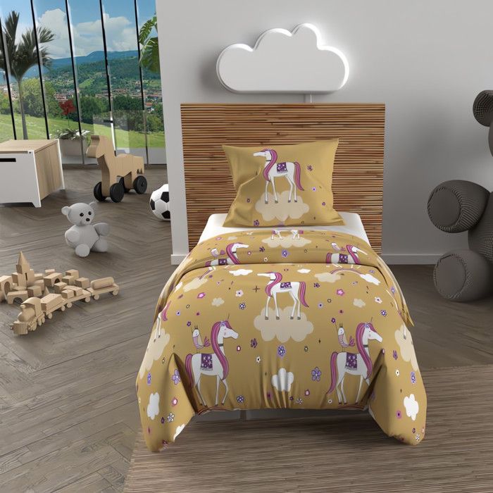 Parure housse de couette 120x150 cm LICORNES jaune 100% coton 57 fils/cm2 par Soleil dOcre