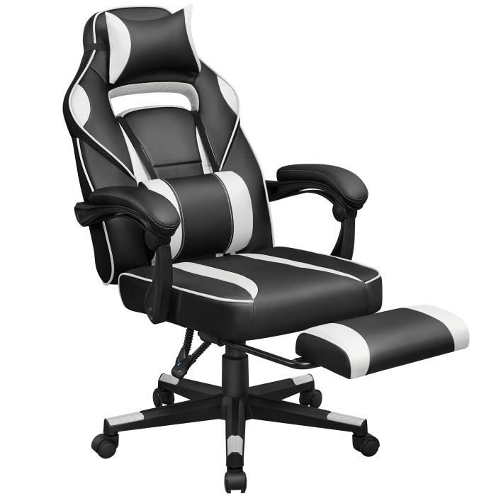Chaise Gaming SONGMICS - Repose-Pieds télescopique - Ergonomique - Appui-tête - Noir et Blanc OBG73BW