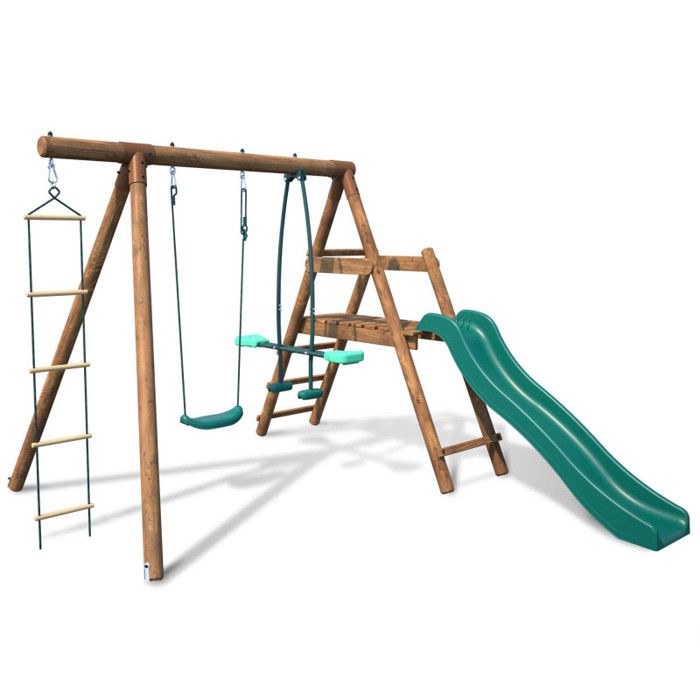 Portique en bois rond 3 agrès avec face à face échelle et toboggan bas MÛRIER