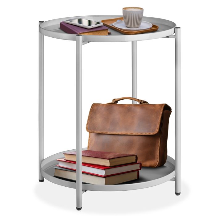 Table basse - TECTAKE - Table dappoint ronde OXFORD avec 2 étages en acier avec pieds en plastique Ø 455 x 53 cm - Gris