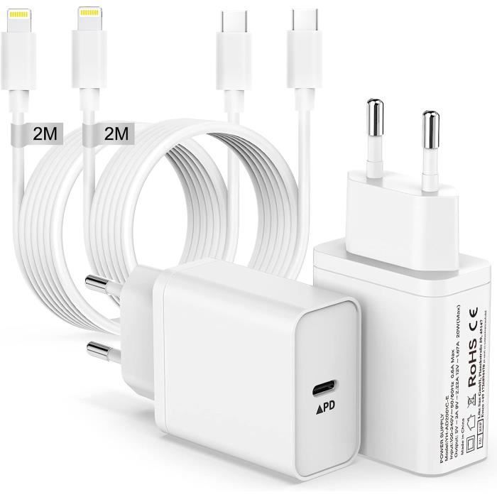 Chargeur iPhone et iPad [Certifié Apple MFi] 2 ports 20 W Chargeur rapide  USB C avec câble iPhone et iPad 2 M Alimentation prise adaptateur pour  iPhone 14/13/12/11/X/XS/XR/iPad Mini/Air/Pro : : High-tech