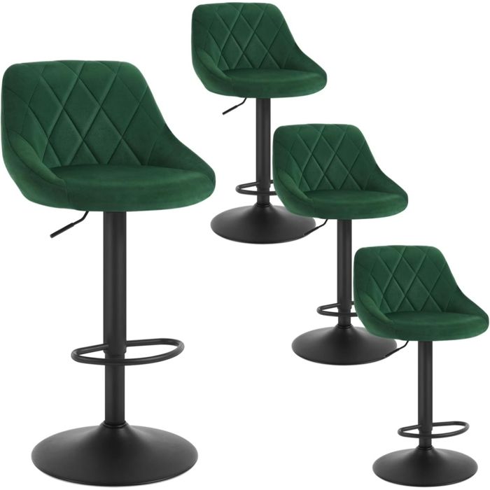 WOLTU 4 x Tabourets de bar siège bien rembourré en velours Hauteur réglable pieds en métal Vert Foncé