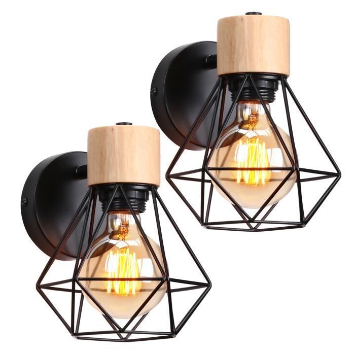 UNI 2PCS Applique Mural Vintage Industrielle Vintage Industrielle E27 Lampe de Mur Luminaire Ajustable en Métal et Bois Noir