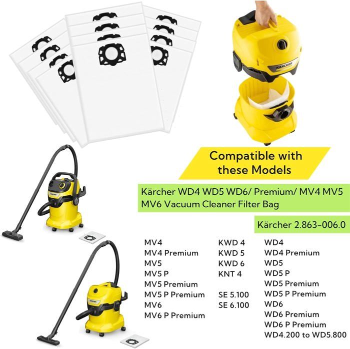 Lot De 12 Sacs Pour Aspirateur Karcher WD4 WD5 WD6 - Référence 2.863-006.0 - Non Tissé 5 Couches