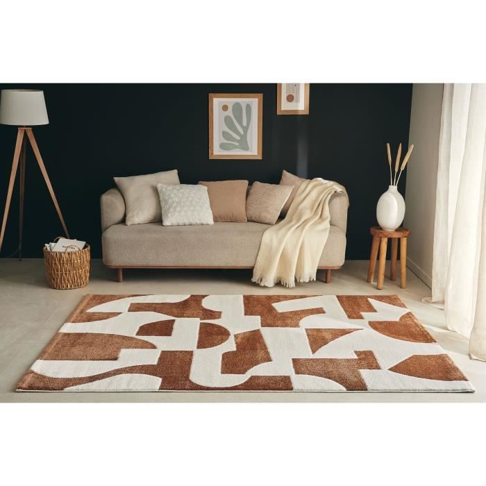 Tapis Salon Rectangulaire 200x290 Cm - Motif Géométrique En Relief - Doux Et Confrontable - Crème/Beige