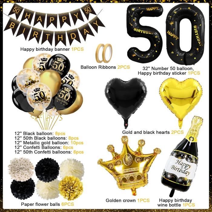 Décorations Anniversaire 50 ans pour Hommes et Femmes, Or Noir Bannières Joyeux 50 ans Anniversaire Numéro 50 Ballons en Or Noir Ballon de Confettis Bannière de Drapeau Triangle de Feux D'artifice
