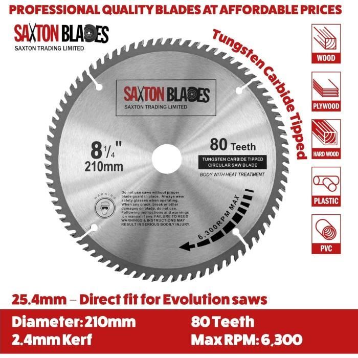 Lame De Scie à Onglet TCT Saxton 255 Mm 60 Dents Pour Evolution Rage - Coupe Bois Précise Et Propre