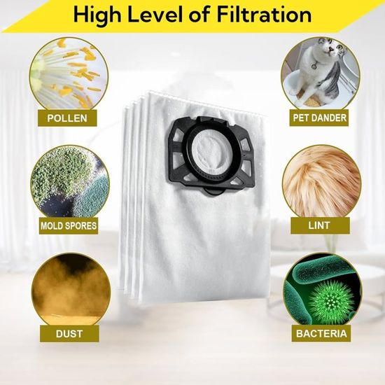 Lot De 12 Sacs Aspirateur Pour Karcher WD4 WD5 WD6 - Filtration 5 Couches, Compatible MV4 MV5 MV6 - Gudotra