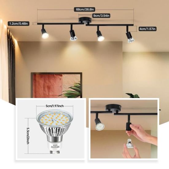 Wowatt Plafonnier LED 6 Spots Noir - Inclu. 6x Ampoules 5W GU10 LED Blanc  Chaud - Spot Plafond Orientable Salon Chambre Cuisine - Cdiscount Maison