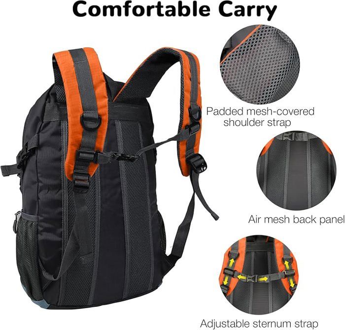 Sac à Dos Pliable Imperméable 100g, 27x43x14 Cm, Pour Randonnée, Fitness, Voyage – Orange, Avec Prise Casque