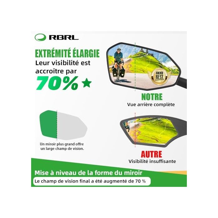 RBRL Rétroviseur Vélo Extra Large – Miroir Ultra Grand Angle, Incassable, Ajustement 360°, Convient VTT, Vélo Électrique, Ville (Gauche)