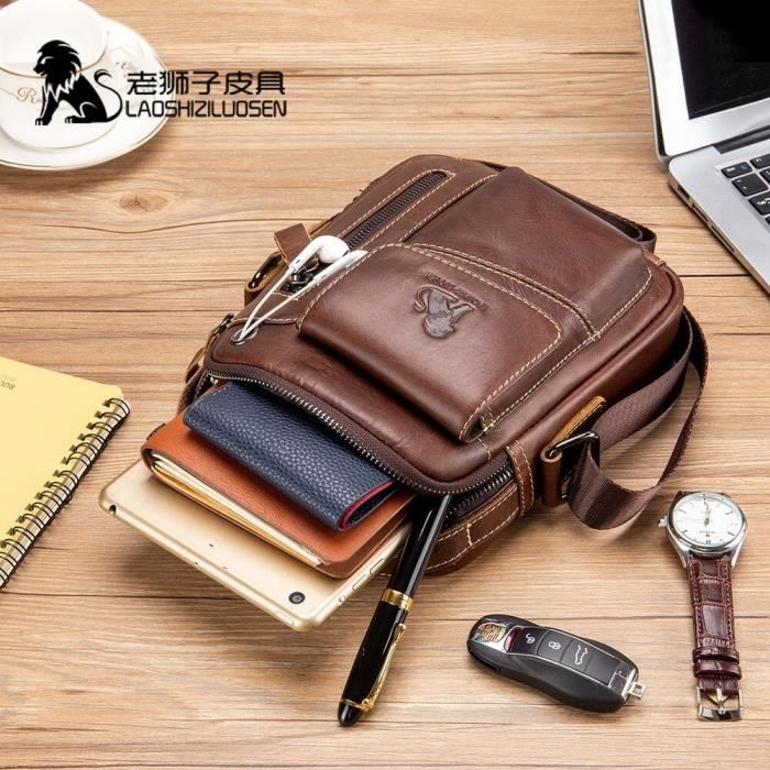 Sac a dos en cuir veritable pour hommes Marque 2019 Modele petit rabat Couleur marron Cdiscount Bagagerie Maroquinerie
