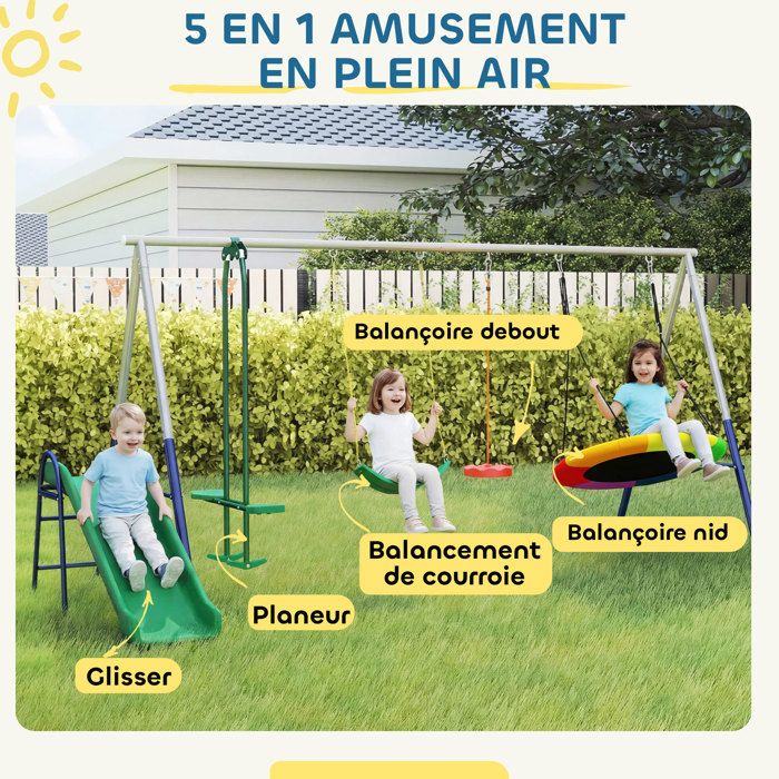 Balançoire Portique Enfants 5 en 1 avec Toboggan, 3 Balançoire, Face à