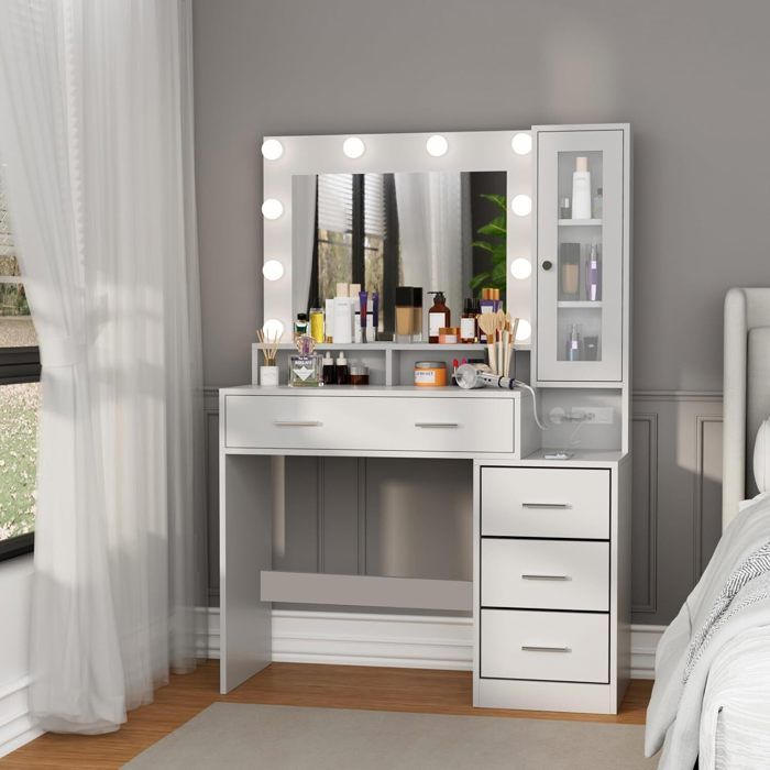 Miroir Coiffeuse Coiffeuse Avec Miroir Hollywood - 10 Ampoules LED - 3 Modes - 2 Tiroirs - 80x40x135cm - Blanc Coiffeuse Avec Eclairage Led Tiroirs