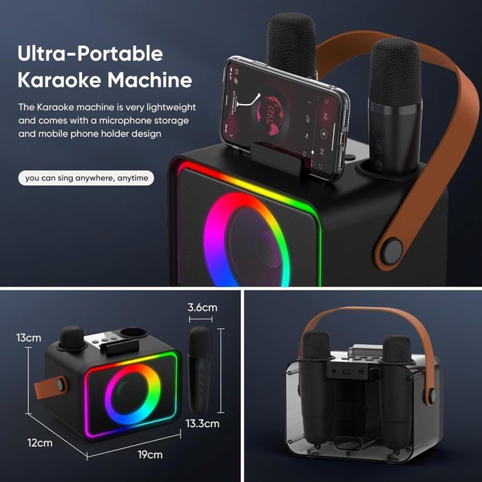 Machine De Karaoké BESCOST – 2 Micros Sans Fil, 7 Effets Vocaux, Haut-parleur 10W, Bluetooth, LED – Cadeau Enfant