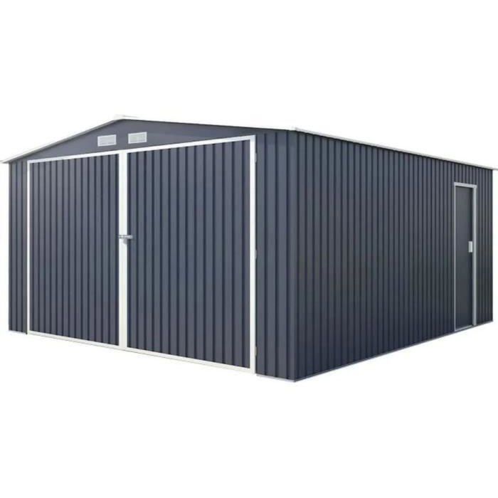 Abri de jardin / Garage en métal 16 m² - 380 x 420 x 232 - COMET - Kit dancrage 2 portes coulissantes 1 porte latérale Gris