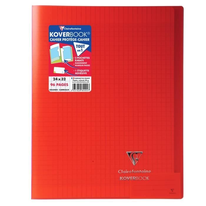 CLAIREFONTAINE Koverbook Cahier piqure 48 pages avec rabats - 240 x 320 mm - Seyes papier PEFC 90 g - Rouge