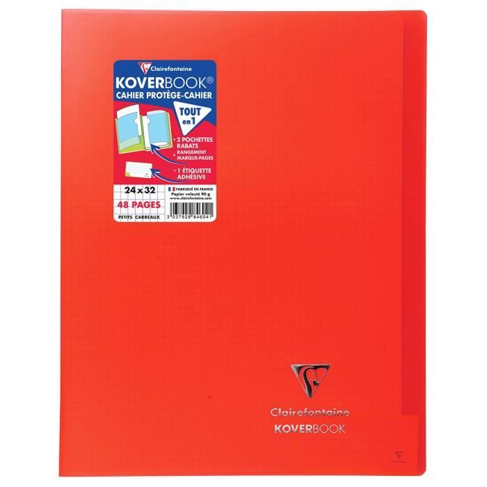 CLAIREFONTAINE Koverbook Cahier piqure 48 pages avec rabats - 240 x 320 mm - 5 x 5 papier PEFC 90 g - Rouge