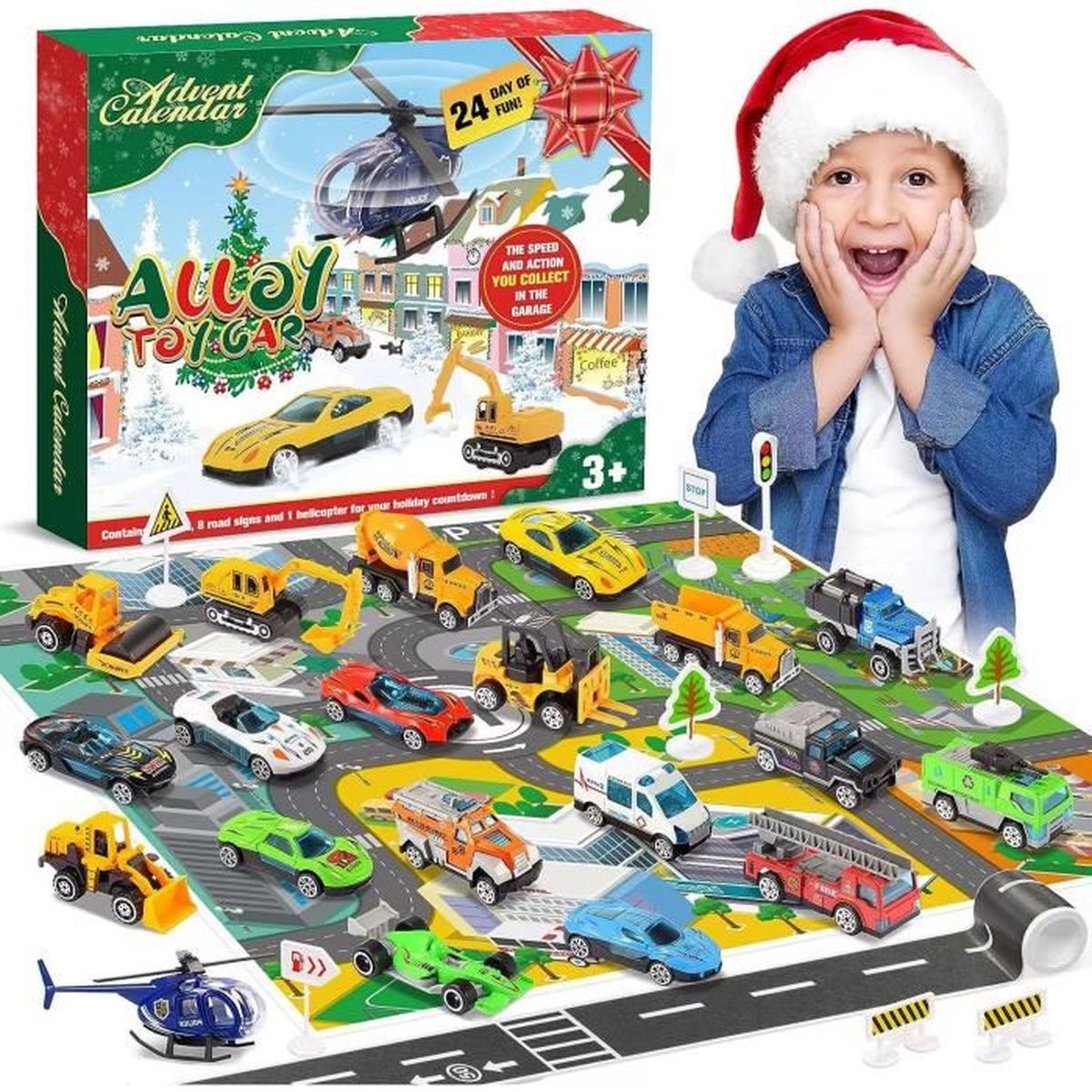 Calendrier De L'Avent Voiture 2024 Enfant - 24 Jours Avec 16 Voitures Jouets + Circuit - 3-12 Ans