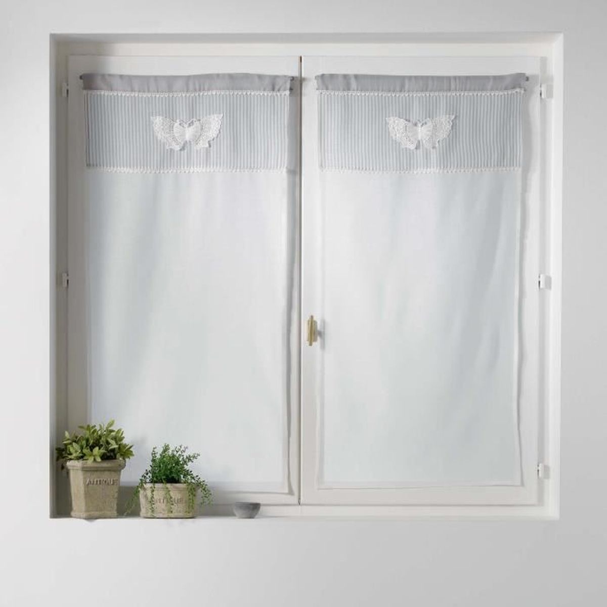 Voilage Sablé Brodé Hoops Gris - Paire 2x60x120 Cm - Passe Tringle - Déco Fenêtre Lumineuse