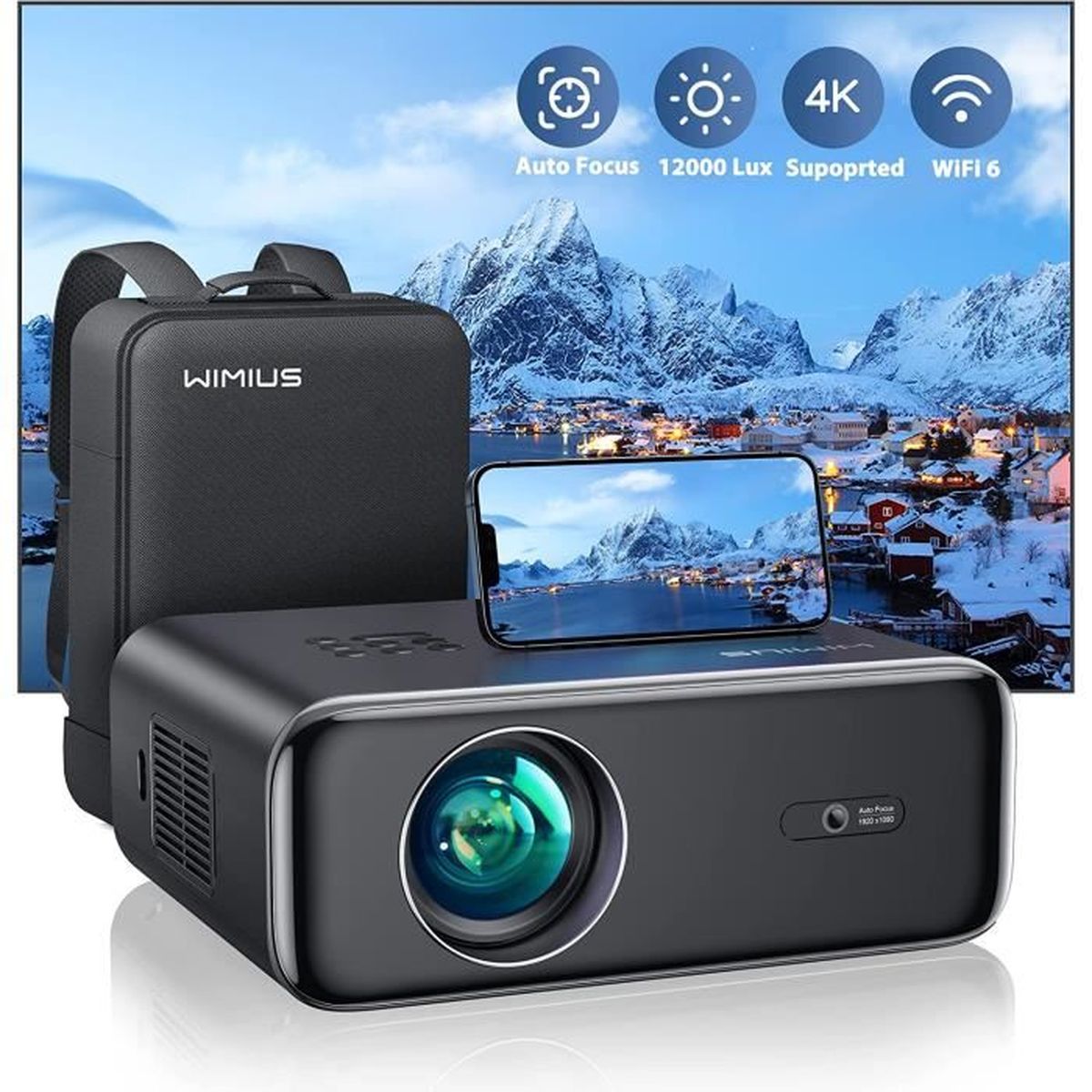 Vidéoprojecteur WiFi Bluetooth 12000 Lumens Full HD 1080P, WiMiUS