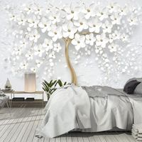 Papier Peint Panoramique Papier peint plante d'arbre à fleurs, stuc blanc, motif de plâtre en relief, chambre à coucher,