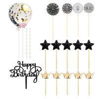 DAMILY® Decoration Gateau Anniversaire - 16Pcs Joyeux Anniversaire Cake Topper,Gateau Decoration,Noir Confettis Ballon Star