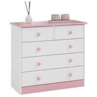 Commode de chambre RONDO meuble de rangement avec 5 tiroirs, en pin massif lasuré blanc et rose