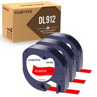 3x STAROVER Compatible pour Dymo LetraTag Ruban Plastique 91203, 12mm x 4 m,pour Dymo LetraTag LT-100H,  Noir sur rouge