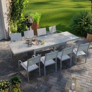 Ensemble table et chaise de jardin Table de jardin extensible aluminium 270cm + 8 fauteuils empilables textilène gris - LIO 8