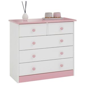COMMODE DE CHAMBRE Commode de chambre RONDO meuble de rangement avec 5 tiroirs, en pin massif lasuré blanc et rose