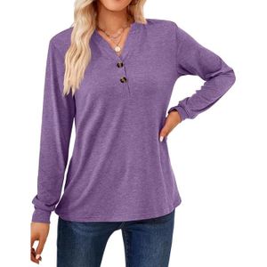 T-SHIRT T-Shirt Femme - Violet - Manches Longues - Col en V - Boutons Décoratifs