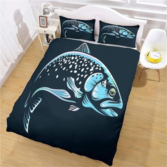 Housse De Couette Bleu & Poisson Fermeture éclair cachée et 2 Taie d