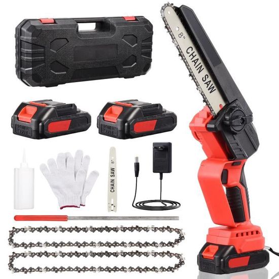 Mini Tronçonneuse électrique Rechargeable 2000mAh 21V TEENO , Tronçonneuse Portative à Une Main Avec Batterie Et Chargeur, Scie De Jardin Rechargeable (Deux Batteries