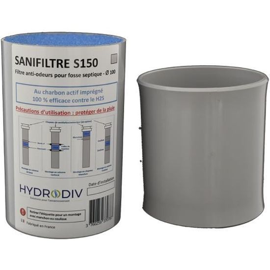 SANIFILTRE S150 + manchon pour montage en chapeau, filtre anti-odeurs fosse septique diamètre 100, gris, HYDRODIV