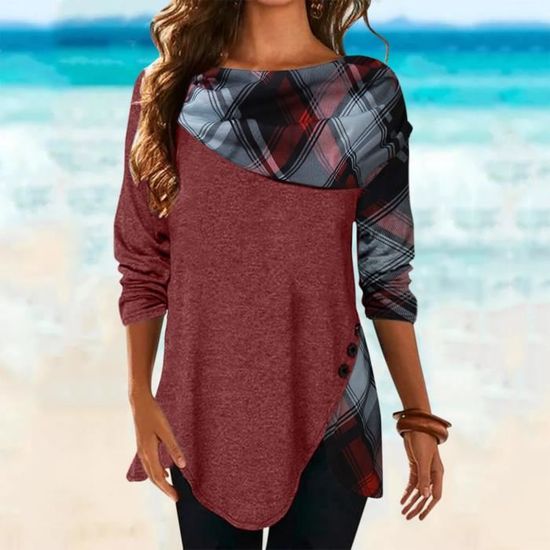 Top à Manches Longues Charmant Rouge - Taille EU 44, Style Décontracté Rétro Avec Détails Dentelle