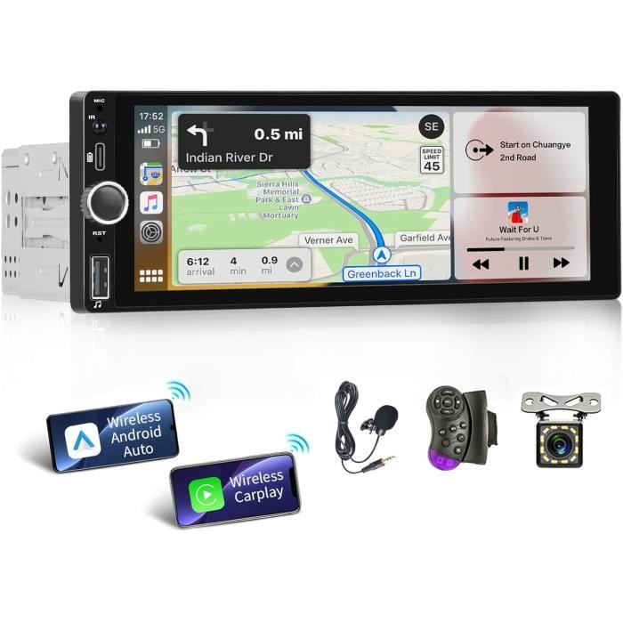 Hikity Autoradio Bluetooth 1 Din Avec 6,9 Pouces Écran Tactile Wireless Carplay Poste Radio Voiture Et Android Auto Sans Fil Fm Eq Usb Type C Lien Miroir Commande Au Volant Mic Camera De Recul Fiche T